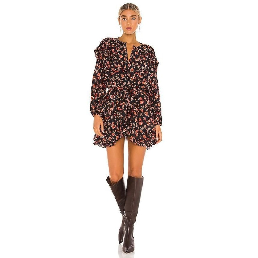 FREE PEOPLE Womens Black Floral Long Sleeve Jewel Neck Short Fit + Flare Dress